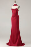Burgundy Strapless Mermaid Satin Convertible Long Prom Dress with Streamer