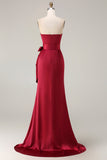 Burgundy Strapless Mermaid Satin Convertible Long Prom Dress with Streamer