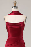 Burgundy Strapless Mermaid Satin Convertible Long Prom Dress with Streamer