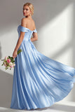 Blue A-Line Off The Shoulder Satin Long Bridesmaid Dress with Slit