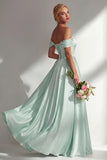 Blue A-Line Off The Shoulder Satin Long Bridesmaid Dress with Slit