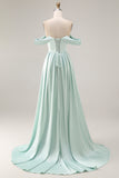 Blue A-Line Off The Shoulder Satin Long Bridesmaid Dress with Slit