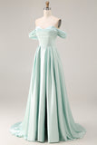 Blue A-Line Off The Shoulder Satin Long Bridesmaid Dress with Slit