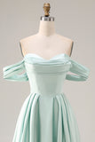 Blue A-Line Off The Shoulder Satin Long Bridesmaid Dress with Slit