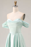Blue A-Line Off The Shoulder Satin Long Bridesmaid Dress with Slit