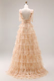 Green A-Line Tiered Ruffle Long Floral Prom Dress with Slit