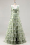 Green A-Line Tiered Ruffle Long Floral Prom Dress with Slit