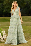 Green A-Line Tiered Ruffle Floral Long Tulle Prom Dress with Slit