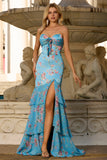 Blue Floral Sweetheart Ruffled Mermaid Long Prom Dress with Slit