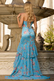 Blue Floral Sweetheart Ruffled Mermaid Long Prom Dress with Slit