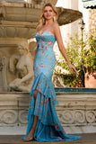Blue Floral Sweetheart Ruffled Mermaid Long Prom Dress with Slit