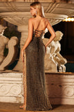 Sparkly Black Golden Sheath Strapless Beaded Sequin Long Prom Dress with Slit
