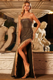 Sparkly Black Golden Sheath Strapless Beaded Sequin Long Prom Dress with Slit