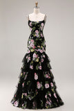 Black Pink Flower Mermaid Ruffled Sequin Long Prom Dress with Lace Up Back