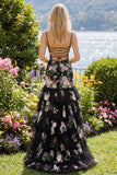 Black Pink Flower Mermaid Ruffled Sequin Long Prom Dress with Lace Up Back