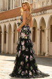 Black Pink Flower Mermaid Ruffled Sequin Long Prom Dress with Lace Up Back
