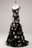 Black Pink Flower Mermaid Ruffled Sequin Long Prom Dress with Lace Up Back