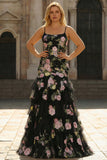 Black Pink Flower Mermaid Ruffled Long Plus Size Prom Dress with Lace Up Back
