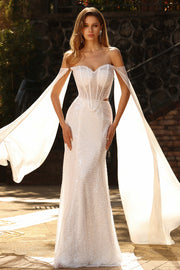 White Beaded Sweetheart Mermaid Basque Waist Sequin Long Prom Dress with Cape