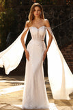 White Beaded Sweetheart Mermaid Basque Waist Sequin Long Prom Dress with Cape