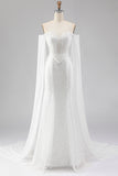 White Mermaid Beaded Sweetheart Sequin Long Prom Dress with Cape