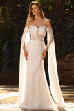 White Beaded Sweetheart Mermaid Basque Waist Sequin Long Prom Dress with Cape