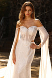 White Beaded Sweetheart Mermaid Basque Waist Sequin Long Prom Dress with Cape