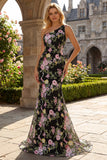 Black One-Shoulder Floral Mermaid Long Prom Dress with Train