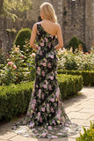 Black One-Shoulder Floral Mermaid Long Prom Dress with Train