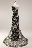 Black One-Shoulder Floral Mermaid Long Prom Dress with Train