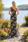 Black One-Shoulder Floral Mermaid Long Prom Dress with Train