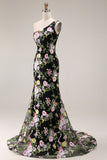 Black One-Shoulder Floral Mermaid Long Prom Dress with Train