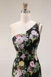 Black One-Shoulder Floral Mermaid Long Prom Dress with Train