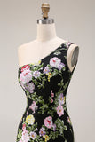 Black One-Shoulder Floral Mermaid Long Prom Dress with Train