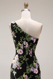 Black One-Shoulder Floral Mermaid Long Prom Dress with Train