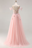 Pink A Line Off the Shoulder Beaded Sheer Corset Long Prom Dress with Sequins