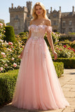 Pink A Line Off the Shoulder Beaded Sheer Corset Long Prom Dress with Sequins