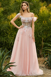 Pink A Line Beaded Off the Shoulder Sheer Corset Long Prom Dress with Sequins