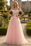 Pink A Line Off the Shoulder Beaded Sheer Corset Long Prom Dress with Sequins