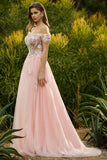 Pink A Line Beaded Off the Shoulder Sheer Corset Long Prom Dress with Sequins