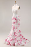 White Fuchsia Flower Lace Corset Mermaid Long Prom Dress