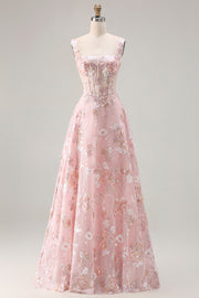 Pink Corset Sequin A Line Floral Long Prom Dress with Embroidery