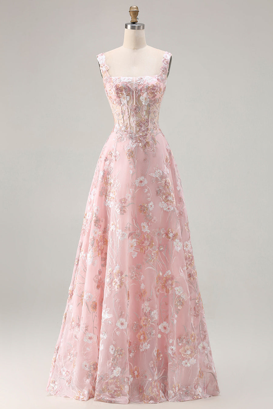 ZAPAKA Women Pink Long Prom Dress Floral Corset Sequin A Line Party Dress with Embroidery