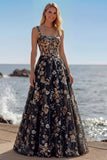 Pink Corset Sequin A Line Floral Long Prom Dress with Embroidery