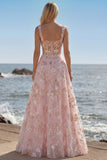 Pink Corset Sequin A Line Floral Long Prom Dress with Embroidery