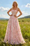 Pink Corset Sequin A Line Floral Long Prom Dress with Embroidery