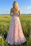 Pink Corset Sequin A Line Floral Long Prom Dress with Embroidery