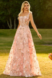 Pink Corset A Line Embroidered Long Floral Prom Dress with Sequins