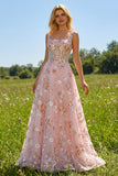 Pink Corset Sequin A Line Floral Long Prom Dress with Embroidery