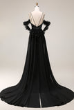 Sparkly Sequins Black Cold Shoulder Mermadid Long Prom Dress with Slit